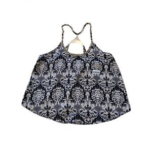 Ring Stone Tank Top Woman's Large Black Tan Chain Scoop Neck Cropped‎ Party Boho